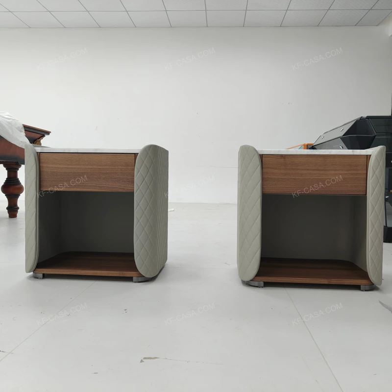 Quilted Light Gray Leather Nightstand with Marble Top & Natural Wood Veneer